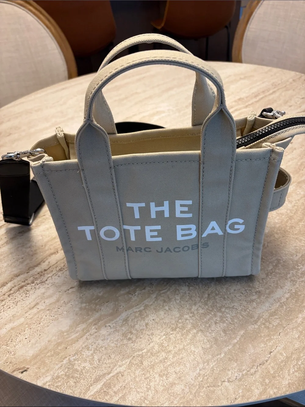 Marc Jacobs Small Beige Canvas 'The Tote Bag' with Black Strap - Picture 2 of 12